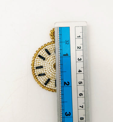 Wall Clock Beaded Applique, Hand Embroidered In White And Gold Beads, Beaded Motif